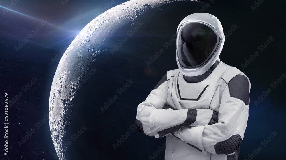 Poster Astronaut in modern new spacesuit in space near Moon satellite. Space collage with spacex spaceman. Future mission to Moon. Elements of this image furnished by NASA