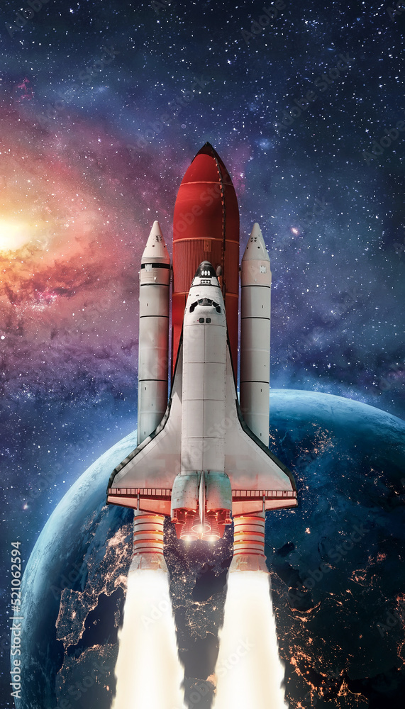 Leinwandbilder Space shuttle launch in outer space from Earth. Rocket on orbit of the planet. Galaxy and stars in deep space. Elements of this image furnished by NASA