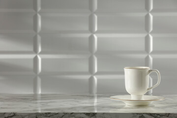 A cup of coffee on a marble table in the kitchen in the glow of the morning sun with a free space