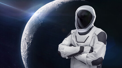 Astronaut in modern new spacesuit in space near Moon satellite. Space collage with spacex spaceman. Future mission to Moon. Elements of this image furnished by NASA