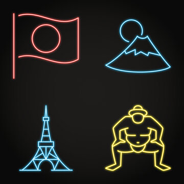 Japan traditional symbols neon icon set