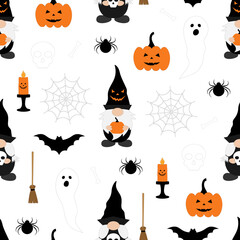 Seamless pattern Gnome Halloween with pumpkin spider bat vector illustration