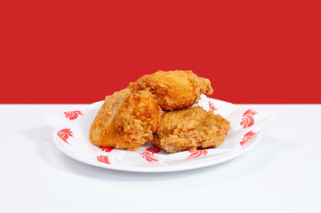 Fried Chicken 3 pieces served in a cutting board on grey background side view of fastfood
