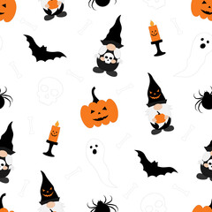 Seamless pattern Gnome Halloween with pumpkin spider bat vector illustration