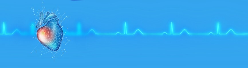 Medical banner with 3d illustration heart on blue background.Copy space Cardiology damage and treatment.Plexus and polygons technology trends.