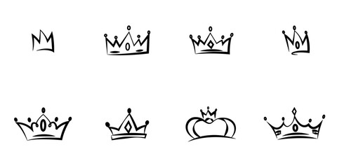 Conjunto de corona de rey y reina dibujadas a mano. Coronas negras - obrazy, fototapety, plakaty