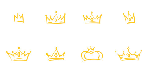 Conjunto de corona de rey y reina dibujadas a mano. Coronas doradas - obrazy, fototapety, plakaty