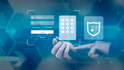 Hand hold Smartphone with virtual global with cyber security, Login, User, identification information security and encryption, secure access to users personal information, secure Internet access,