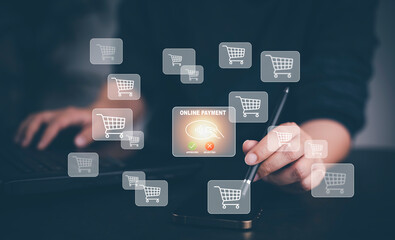 Smartphone with Online payment ,Hand touch banking online bill payment Approved concept button, credit card and network connection icon on business technology virtual screen background