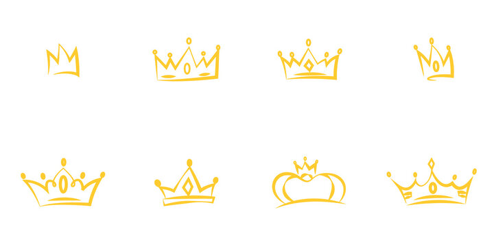 Conjunto de corona de rey y reina dibujadas a mano. Coronas doradas