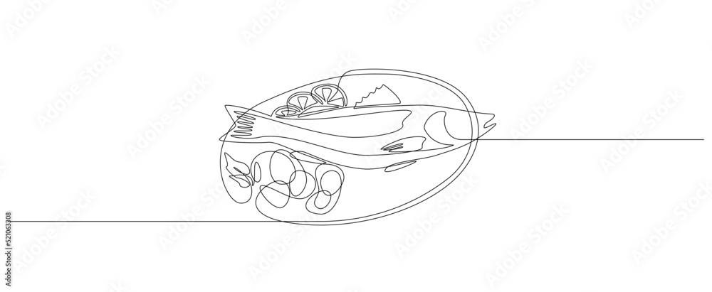 Aufkleber Continuous one line drawing of grilled salmon fish on plate. Roasted seafood dish with lemon and vegetables in simple linear style on top view. Editable stroke. Outline Vector illustration