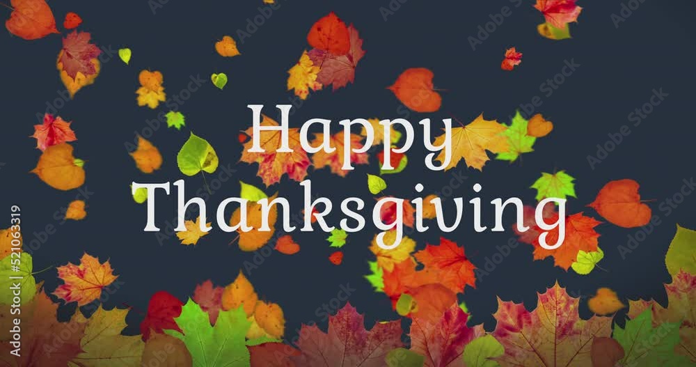 Wall mural Animated pattern of rotating dry autumn leaves with congratulations on blackboard background, happy thanksgiving day background concept