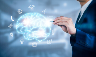 Businessman touch brain with cloud and people icon in the dark background in graph Screen Icon of a media screen, Technology Process System Business concept