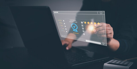 Man touch smartphone with Customer review satisfaction feedback survey concept, User give rating to service experience on online application, service leading to reputation ranking of business.