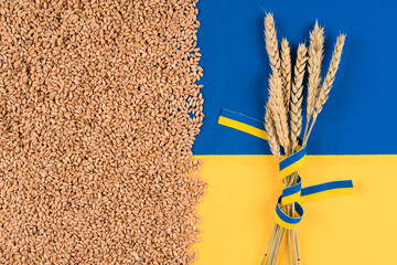 Sheaf of wheat with grain over Ukrainian blue and yellow flag. Global and European food crisis....