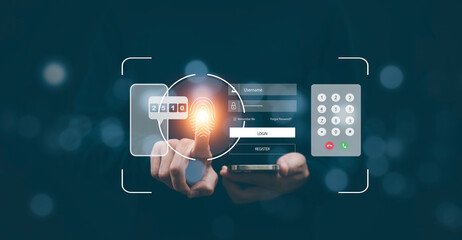 Hand and Smartphone with scan the protection system cyber security, Login,User, identification information security and encryption, secure access to user's personal information, secure Internet access