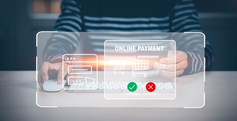 Online payment with digital marketing, Businessman touch banking online bill payment Approved...