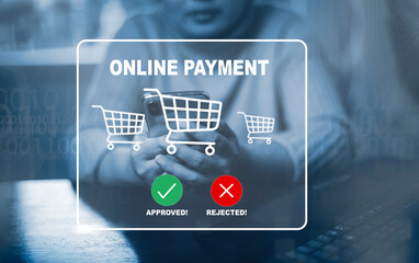 Smartphone with Online payment ,Hand touch banking online bill payment Approved concept button, credit card and network connection icon on business technology virtual screen background
