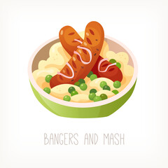 Popular raditional english pub dish with mashed potatoes peas and sausages and onions. Classic british food. Isolated vector image.