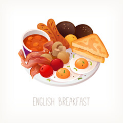 Traditional english breakfast dish with eggs bacon sausages and beans. Most classic british food. Isolated vector image.