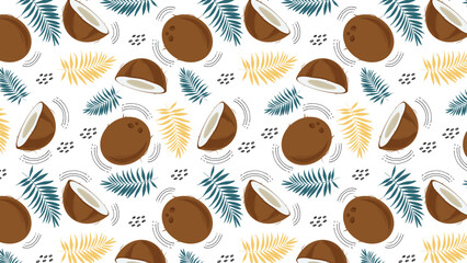 Seamless horizontal pattern with coconut, palm leaves and abstract elements, on a white background. Whole coconut and slice. Vector illustration in cartoon flat style.