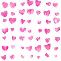 Hand painted watercolor pink cyanotype heart allover seamless pattern on white background