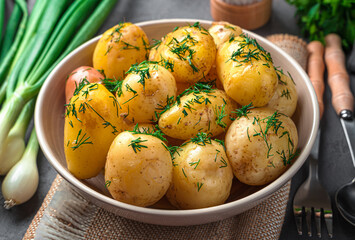 Fresh, boiled young unpeeled potatoes with dill and butter on a dark background with dill and spices. Side view, close-up