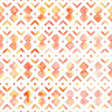 Hand painted watercolor abstract intricate yellow orange geometrical tile allover seamless pattern with lines and rhombus