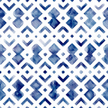 Hand painted watercolor abstract intricate blue geometrical tile allover seamless pattern with lines and rhombus
