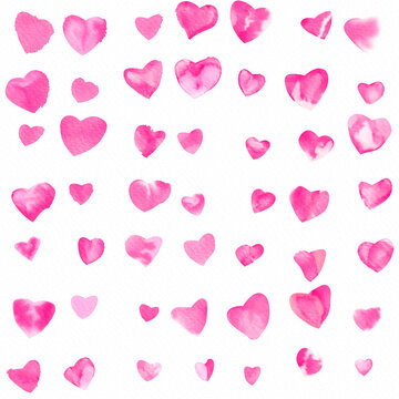 Hand painted watercolor pink cyanotype heart allover seamless pattern on white background