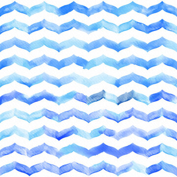Hand painted watercolor zigzag geometric allover seamless blue chevron pattern in repat