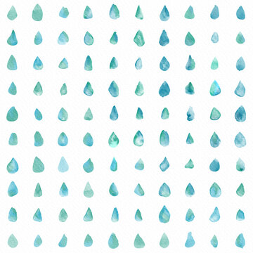 Hand painted watercolor green turquoise waterdrop allover seamless pattern on white background