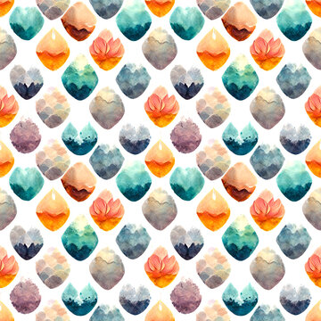 Hand painted watercolor multicolored geometrical diamond shaped tile pattern in allover seamless repeat