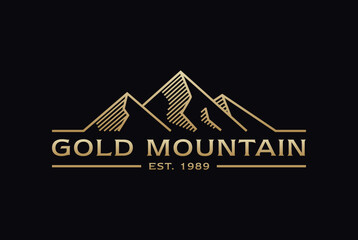 Luxury gold mountain logo design, mountains peak hill vintage emblem logo design vector in line art style premium quality