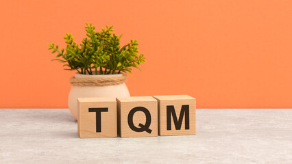 word TQM on wooden cubes. green flower on beautiful orange background. business concept. copy space.