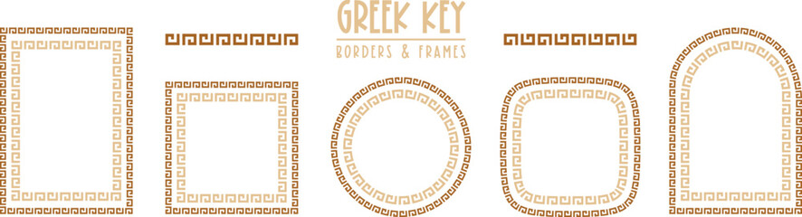 Greek key frames and borders collection. Decorative ancient meander, greece ornamental set, repeated geometric motif. Fframes consist from tiny bricks, easy to resize or change frames proportion