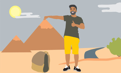 Vector illustration. A tourist in the desert against the background of the Egyptian pyramids
poses for a photographer. Interesting photo in the desert.