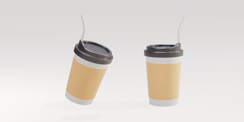 3D two paper coffee cups with a straw on a white background. Vector illustration.