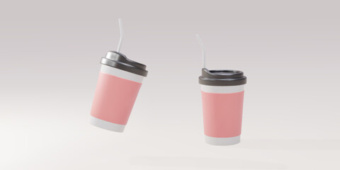 Obraz premium 3D two paper coffee cups with a straw. Vector illustration.