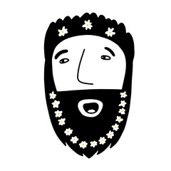 Doodle male face with flowers chamomile in beard, hair. Hand-drawn man isolated on white background. Human Avatar. Fathers day, groom, barbershop sign. Cartoon daddy portrait. Vector cute illustration
