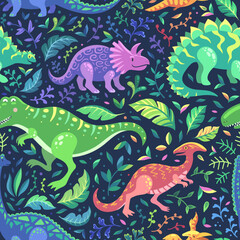 Vector Colorful Kids Dinosaur Seamless Pattern