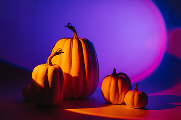Halloween pumpkins on neon gradient background. Happy Halloween decorations