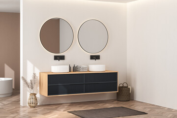 Bright bathroom interior with wooden cabinet, double sink, white bathtub, towel, carpet and window with sunlight. Sinks with mirrors on white wall, parquet floor. 3d rendering
