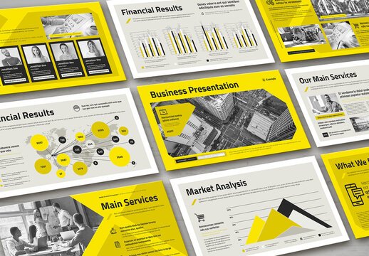 Business Presentation Layout in Black White and Yellow Colors