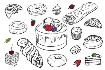 Collection of different kinds of homemade pastry. Doodle hand drawn set of pastries, cake, croissant, bun, muffin, donut for decoration of bakery products shop and menu.  Vector illustration.