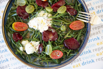 Fresh and healthy summer Crithmum salad. Exquisite dish, creative restaurant meal concept.