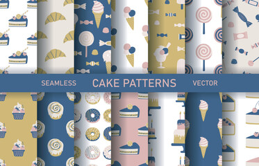 Set of seamless vector bakery patterns. Collection of food repeat backgrounds for fabric, textile, wrapping, cover etc.