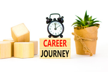 Career journey symbol. Concept words Career journey on wooden blocks on a beautiful white table white background. Black alarm clock. Business Career journey concept. Copy space.