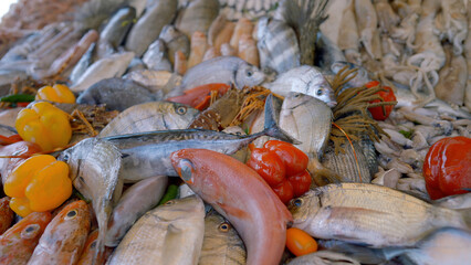 Seafood on the market. Action.A bright diverse big fish that is sold on the bench.
