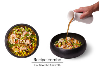 Hot Bowl shrimp, eggplant, rice pasta, hand pouring  minestrone bouillon on white background